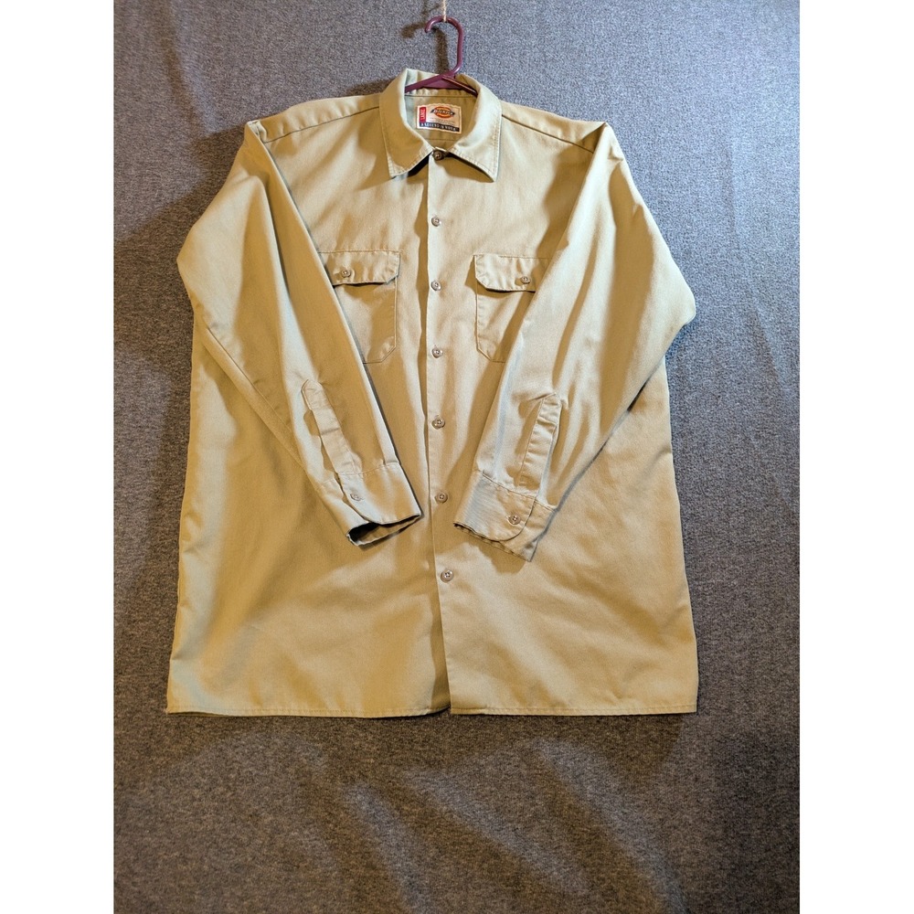 Dickies Long Sleeve Button-Up Twill Work Shirt Mens Large Khaki Beige‎ Y2K